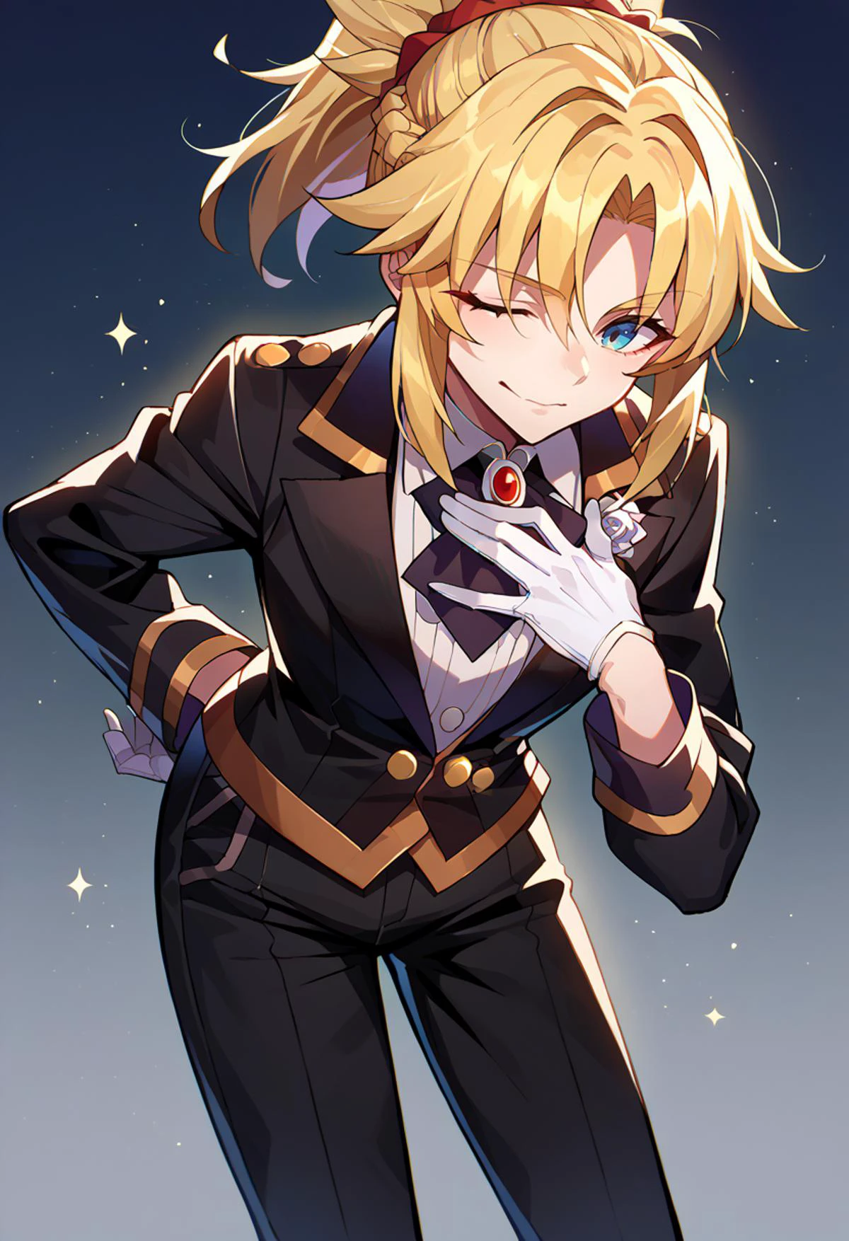 <lora:Mo-san:1> 1girl, blonde hair, medium hair, green eyes, braid, ponytail, scrunchie, black jacket, black pants, brooch, flower, white gloves, hand on own chest, arm behind back, leaning forward, light smile, one eye closed,, score_9, score_8_up, score_7_up, source_anime,