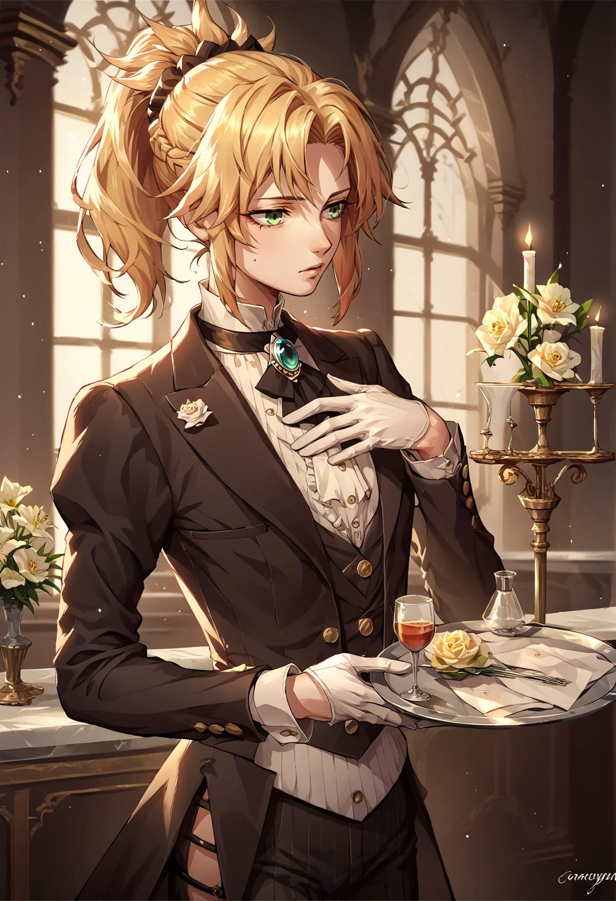 1girl, solo, blonde hair, medium hair, green eyes, braid, ponytail, scrunchie, black jacket, black pants, brooch, flower, white gloves, butler, indoors, mansion, holding tray, hand on own chest <lora:Mo-san:0.8> victorian, <lora:steampunk:0.8>, score_9, score_8_up, score_7_up, score_6_up, score_5_up, score_4_up, BREAK source_anime, masterpiece