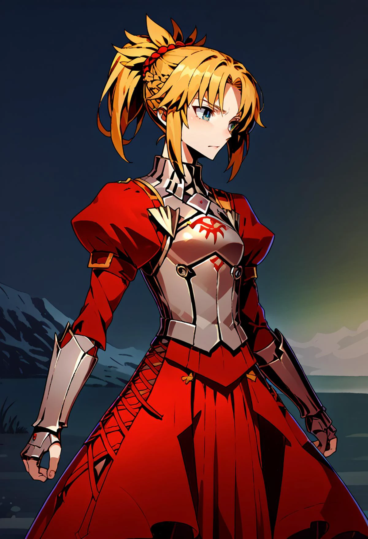 <lora:Unlight:1> Unlight, <lora:Mo-san:1> 1girl, blonde hair, medium hair, green eyes, braid, ponytail, red dress, breastplate, gauntlets,, score_9, score_8_up, score_7_up, source_anime,