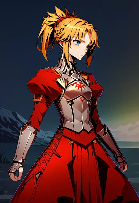 <lora:Unlight:1> Unlight,  <lora:Mo-san:1> 1girl, blonde hair, medium hair, green eyes, braid, ponytail, red dress, breastplate, gauntlets,, score_9, score_8_up, score_7_up, source_anime,