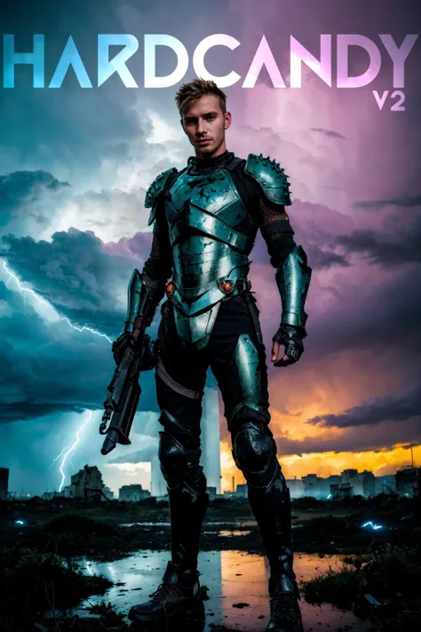 1boy, photoshoot, a handsome Norwegian man with piercing eyes in scavenged armor amidst a colorful post-apocalyptic landscape, wielding vibrant weaponry, mutated flora with bioluminescent glow, remnants of a destroyed city painted in bright graffiti, and ominous storm clouds in vivid shades