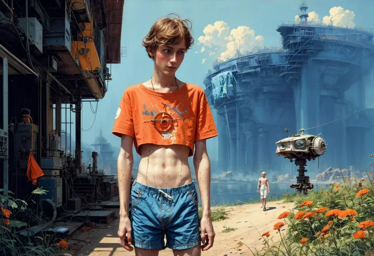 lomo portrait of a shirtless 1boy wearing orange hip shorts and an nice t-shirt, reparing a robot, cute face, solar punk, intricate technology, oil painting by Carl Spitzweg, science fiction water color