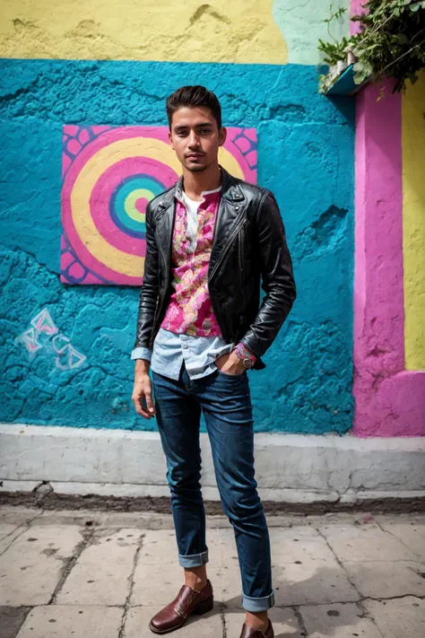 1boy, photograph, a handsome mexican male model in a fashionable outfit posing against the colorful murals of Oaxaca City, capturing the artistic and bohemian vibe of the city, with vibrant street art and a sense of creative expression