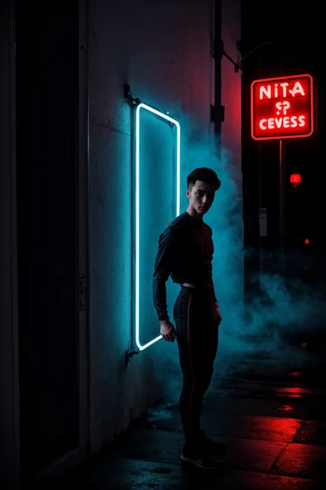 1boy, solo, handsome ninja, tight clothing, leaning against wall, outdoors, nighttime, neon signs, fog, dramatic lighting,