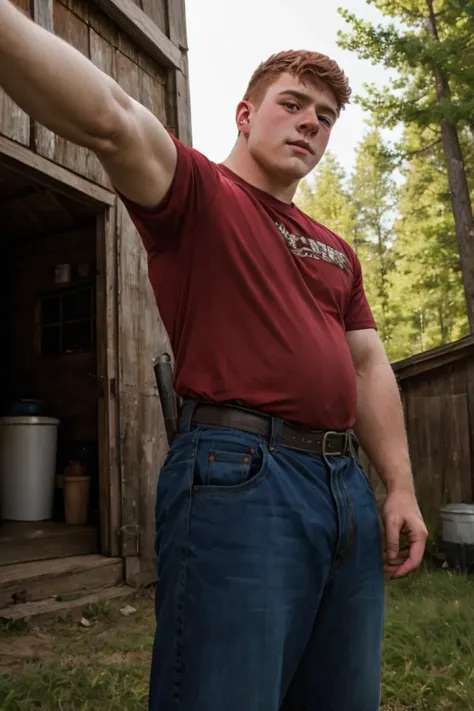 Solo focus, Candid photo of a bully Appalachian 20yo redneck dg_Dale boy, belly, short dark red hair, photorealistic, hyperdetailed, <lora:dg_Dale_v1:0.8>, summer, sharp focus, t-shirt, pants, selfie, outside, outdoors, clear sky,