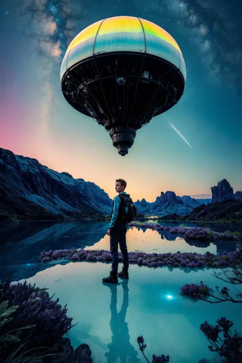 1boy, photograph, portrait, a handsome intrepid explorer standing on an alien planet's celestial oasis, surrounded by luminous flora, iridescent pools, and an otherworldly sky, capturing the sense of awe and discovery in an extraterrestrial landscape