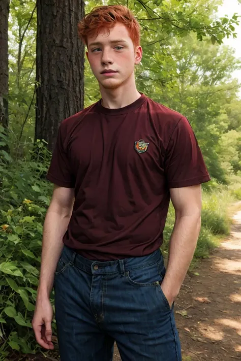 Solo focus, Candid photo of a timid 18yo redneck dg_Finn boy, ginger facial stubble,  short dark red hair, photorealistic, hyperdetailed, <lora:dg_Finn_v1:0.8>,, me summer, sharp focus, t-shirt, pants, selfie, outside, outdoors, clear sky,