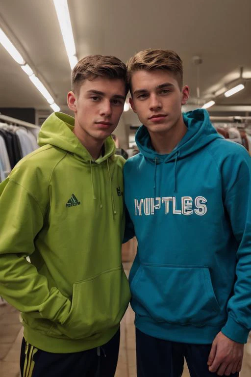 2boys, (age 20), european, nice face, friends, ((random face)) ((randoma hairstyle)), they are wearing sports tracksuits and posing for a photo in the store, upper body shot, (incandescent light),  kkw-ph1