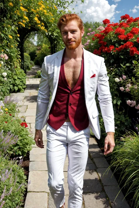 photograph, a beautiful young red headed man strolling through vibrant floral gardens, tight white suit unbuttoned to show off his hairy chest,lush blooms, and meandering pathways, capturing the essence of an idyllic garden, muscular, pecs, bulge, rolling clouds,