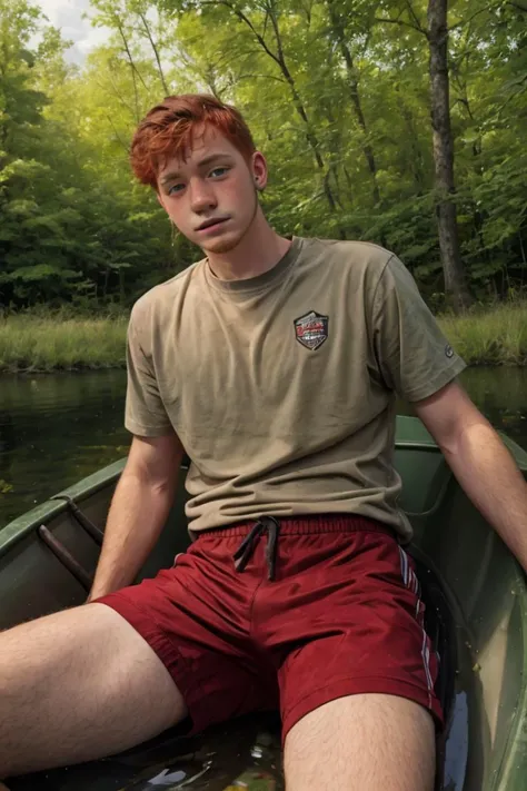 Solo focus, Candid photo of a timid 18yo redneck dg_Finn boy, ginger facial stubble, short dark red hair, photorealistic, hyperdetailed, <lora:dg_Finn_v1:0.8>,, sitting in canoe, sharp focus, t-shirt, pants, selfie, outside, outdoors, clear sky,