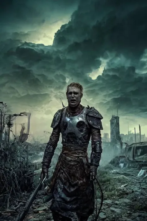 1boy, photoshoot, portrait, a haunted Norwegian man with piercing eyes in scavenged armor amidst a colorful post-apocalyptic landscape,  (((medium shot))), (((half body))), wielding vibrant weaponry, mutated flora with bioluminescent glow, remnants of a destroyed city painted in bright graffiti, and ominous storm clouds in vivid shades