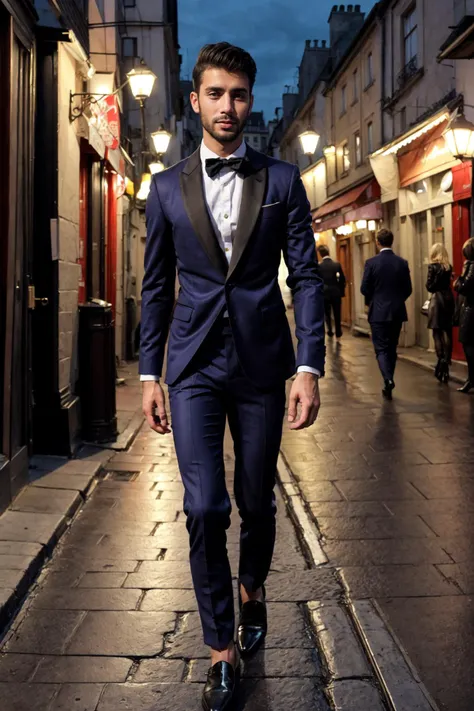 photograph, a middle eastern male model in refined eveningwear, savoring the allure of Montmartre at night, cobblestone streets, quaint cafes, and the city lights creating a sophisticated and sensual backdrop