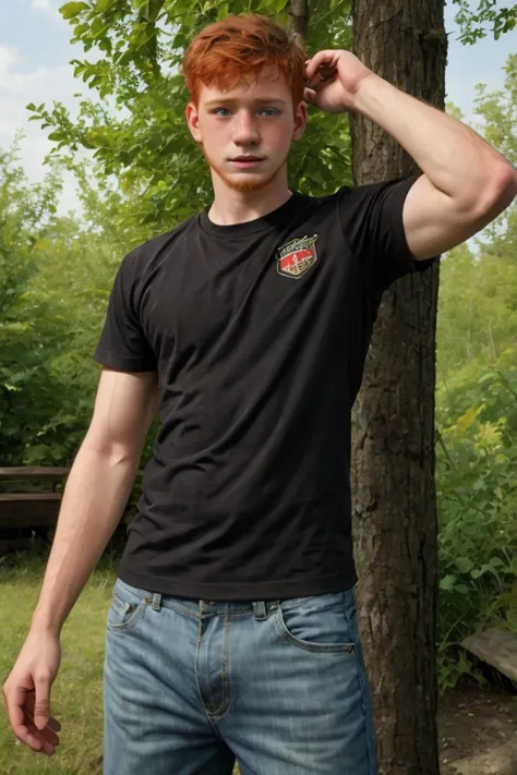 Solo focus, Candid photo of a timid 18yo redneck dg_Finn boy, ginger facial stubble, short dark red hair, photorealistic, hyperdetailed, <lora:dg_Finn_v1:0.8>, summer, sharp focus, t-shirt, pants, selfie, outside, outdoors, clear sky,