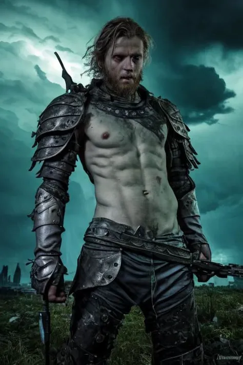 1boy, photoshoot, portrait, a haunted Norwegian man with piercing eyes in scavenged armor amidst a colorful post-apocalyptic landscape, (((medium shot))), (((half body))), wielding vibrant weaponry, mutated flora with bioluminescent glow, remnants of a destroyed city painted in bright graffiti, and ominous storm clouds in vivid shades