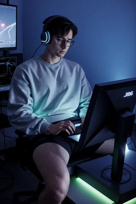 1boy, cute nerdy guy wearing an oversized weater and shorts, sitting at his gaming computer, gaming headset, monitor glow, RGB lighting strips, gamer setup, plants, gaming posters,