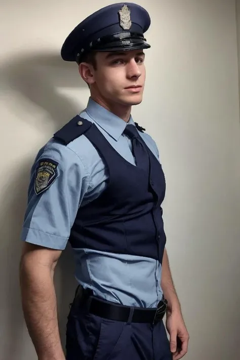 realistic, sfw, an attractive 18 years old fit caucasian boy standing, police uniform, <lora:yuvalsliper:0.7>, yuvalsliper,