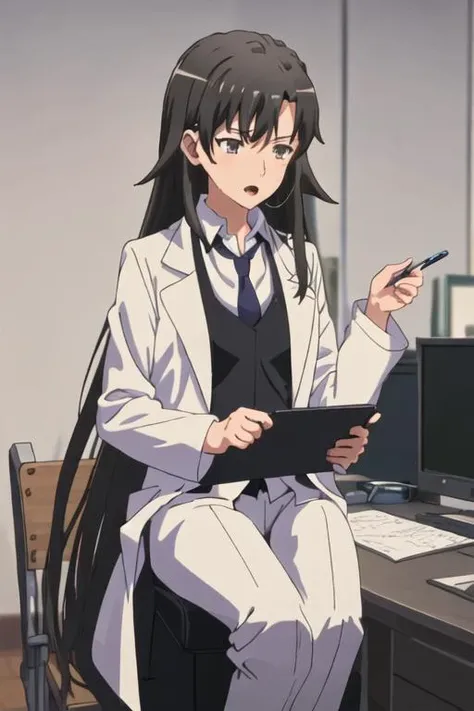 best quality, masterpiece, highres, solo, {hiratsuka_shizuka_yahariorenoseishunlovecomewamachigatteiru:1.15}, long_hair, black_hair, necktie, 1girl, cellphone, labcoat, phone, talking_on_phone, computer, open_mouth, sitting