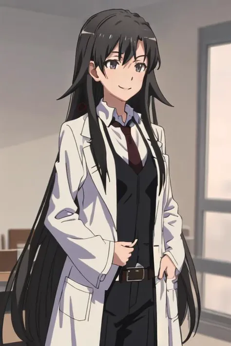 best quality, masterpiece, highres, solo, {hiratsuka_shizuka_yahariorenoseishunlovecomewamachigatteiru:1.15}, long_hair, black_hair, necktie, 1girl, labcoat, upper_body, looking_at_viewer, shirt, smile, black_eyes, vest, red_necktie