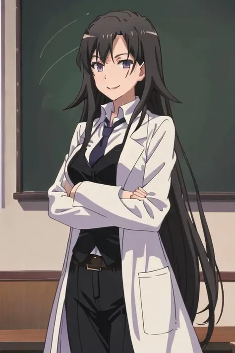 best quality, masterpiece, highres, solo, {hiratsuka_shizuka_yahariorenoseishunlovecomewamachigatteiru:1.15}, long_hair, black_hair, necktie, 1girl, collared_shirt, crossed_arms, labcoat, red_necktie, shirt, upper_body, vest, white_shirt, breasts, chalkboard, indoors, long_sleeves, purple_eyes, smile