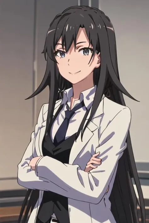 best quality, masterpiece, highres, solo, {hiratsuka_shizuka_yahariorenoseishunlovecomewamachigatteiru:1.15}, long_hair, black_hair, necktie, 1girl, collared_shirt, looking_at_viewer, shirt, smile, white_shirt, vest, blue_necktie, hair_between_eyes, upper_body, black_vest, closed_mouth, bangs, long_sleeves, dress_shirt, wing_collar