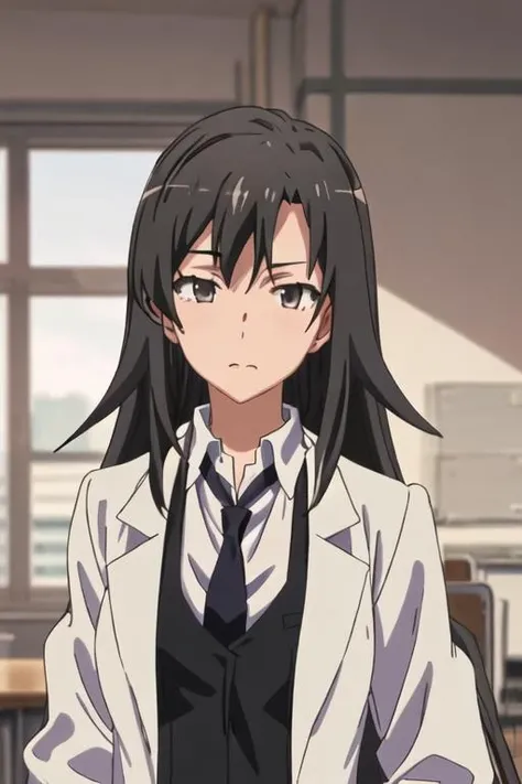 best quality, masterpiece, highres, solo, {hiratsuka_shizuka_yahariorenoseishunlovecomewamachigatteiru:1.15}, long_hair, black_hair, necktie, 1girl, shirt, closed_eyes, school_uniform, labcoat, brown_hair