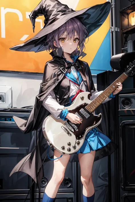 (masterpiece),(best quality), <lora:NagatoYuki:0.8>, yuki,witch hat, witch cape, summer uniform, kneehighs, guitar, playing instrument, standing, blank eyes, inexpressive face,  drum set, stage, stage scene, <lora:Adddetail:0.8>