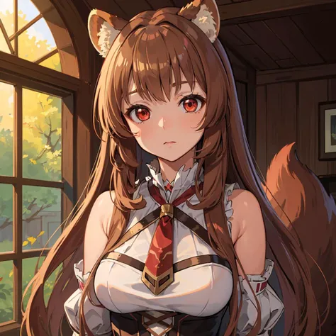 (masterpiece, best quality), young, Raphtalia, 1girl, solo, long hair, looking at viewer, brown hair, red eyes, animal ears, fluff, raccoon girl, <lora:raphtalialora_v2NSFW:0.3>