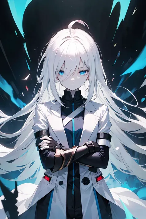 masterpiece, best quality, finely detailed, high resolution, extremely delicate and beautiful, sci-fi style, chaos energy, multiverse, light and darkness energies are intertwining, shattered reality, 1girl, solo, flat chest, pale skin, blue eyes, ahoge, absurdly long hair, white hair, expressionless, glow, blue energy, poster, white coat, half-closed eyes, white gauntlets, hair over eyes, hair between eyes, crossed arms, <lora:r1ge - AnimeRage:0.2>
