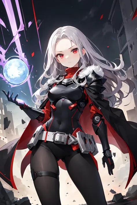 masterpiece, best quality, finely detailed, high resolution, extremely delicate and beautiful, 1girl, solo, black pantyhose, red sweater, (wavy hair:1.2), silver hair, red eyes, (forehead:1.2), medium breasts, armored, futuristic, evil, bodysuit, virgin killer outfit, glow, red trim, red energy, purple energy, purple lightning, exoskeleton, fur trim, rubble, ruins, black cloak, belt, strap, gorget
