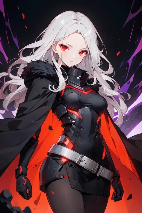 masterpiece, best quality, finely detailed, high resolution, extremely delicate and beautiful, 1girl, solo, black pantyhose, red sweater, (wavy hair:1.2), silver hair, red eyes, (forehead:1.2), medium breasts, armored, futuristic, evil, bodysuit, virgin killer outfit, glow, red trim, red energy, purple energy, purple lightning, exoskeleton, fur trim, rubble, ruins, black cloak, belt, strap, gorget, <lora:r1ge - AnimeRage:0.2>