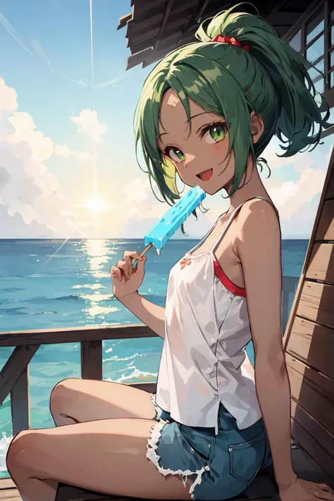 masterpiece, best quality, finely detailed, high resolution, extremely delicate and beautiful, 1girl, solo, smile, happy, (dark skin:1.2), small breasts, (forehead:1.1), green hair, green eyes, short hair, short ponytail, messy hair, camisole, denim shorts, sitting on the bridge, ocean, port town, village, beautiful scenery, sunny, lens flare, open mouth, side slit, POV, popsicle, from below, looking at viewer