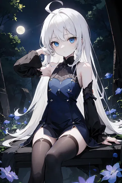 masterpiece, best quality, finely detailed, high resolution, extremely delicate and beautiful, 1girl, pale skin, white hair, ahoge, absurdly long hair, blue eyes, flat chest, expressionless, blue moon, dark forest, ruins, black dress, blue trim, night sky, sitting, crossed legs, black thighhighs, bare shoulders, blue mist, glow, blue flowers, hand in own hair