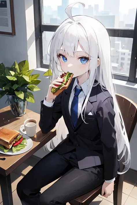 masterpiece, best quality, finely detailed, high resolution, extremely delicate and beautiful, 1girl, solo, suit, necktie, pale skin, flat chest, blue eyes, white hair, ahoge, absurdly long hair, black pants, cafe, sitting, eating sandwich, chair, window, warm light, water bottle, pointing looking at viewer,
