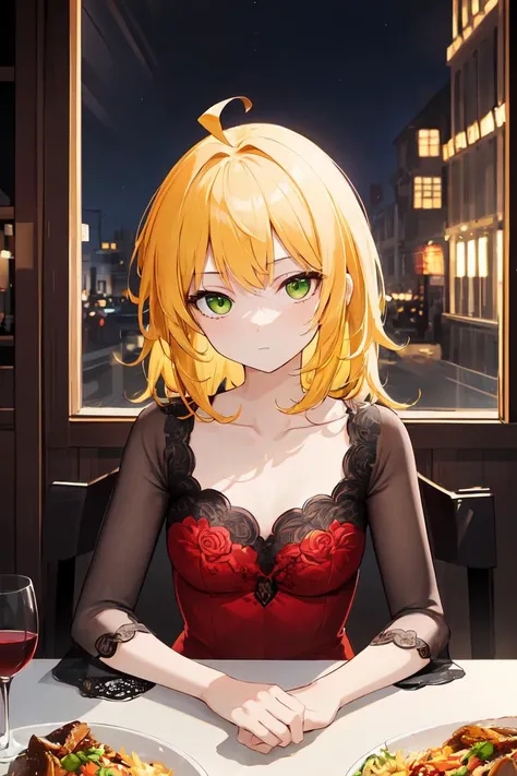 masterpiece, best quality, finely detailed, high resolution, extremely delicate and beautiful, 1girl, solo, medium hair, yellow hair, ahoge, green eyes, small breasts, expressionless, ordering food, red dress, table, pov, elegant, window, night, wine, warm light, dim light, collarbone, bored, (long hair:1.1), transparent sleeves