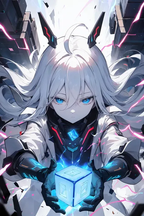 masterpiece, best quality, finely detailed, high resolution, extremely delicate and beautiful, sci-fi style, chaos energy, multiverse, light and darkness energies are intertwining, shattered reality, 1girl, solo, flat chest, pale skin, blue eyes, ahoge, absurdly long hair, white hair, expressionless, glow, blue energy, poster, (white jacket:1.1), half-closed eyes, white gauntlets, hair over eyes, hair between eyes, <lora:r1ge - AnimeRage:0.2>, (energy cube:1.4), electrified cube, translucent,