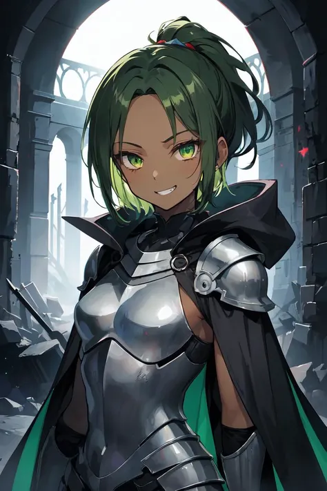 masterpiece, best quality, finely detailed, high resolution, extremely delicate and beautiful, 1girl, (dark skin:1.2), solo, short hair, (forehead:1.1), short ponytail, green hair, green eyes, small breasts, armored, knight, futuristic, evil smile, grin, snickering eyes, messy hair, black armor, evil, villain, black cloak, green energy, night, dark, ruins, black pillars, green mist, eerie, finger to mouth,