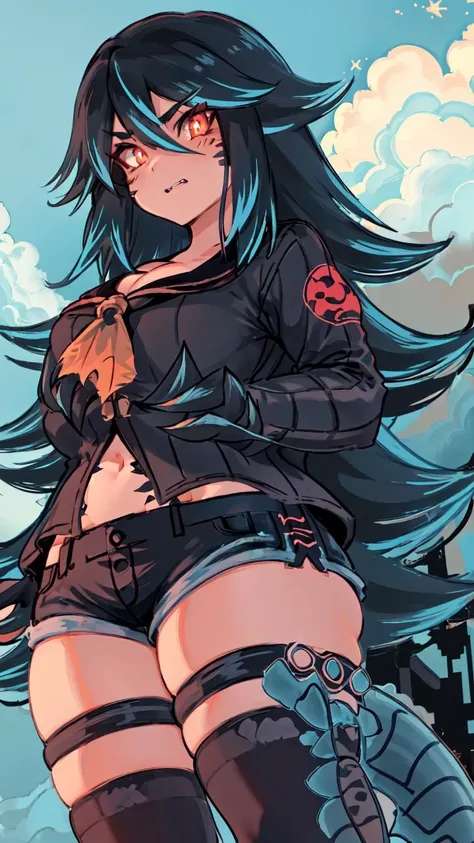 <lora:gzchan:0.7>, gzchan, scales, large breasts, tail, black hair, monster girl, glowing, kaijuu, claws, giantess art, 1girl, long_hair, monster_girl, multicolored_hair, red_eyes, scales, shorts, solo, thigh highs