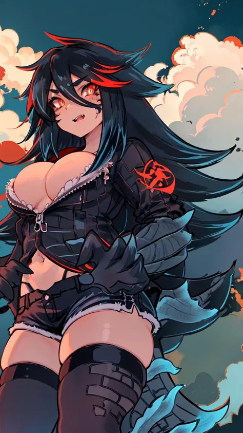 <lora:gzchan:0.7>, gzchan, scales, large breasts, tail, black hair, monster girl, glowing, kaijuu, claws, giantess art, 1girl, long_hair, monster_girl, multicolored_hair, red_eyes, scales, shorts, solo, thigh highs