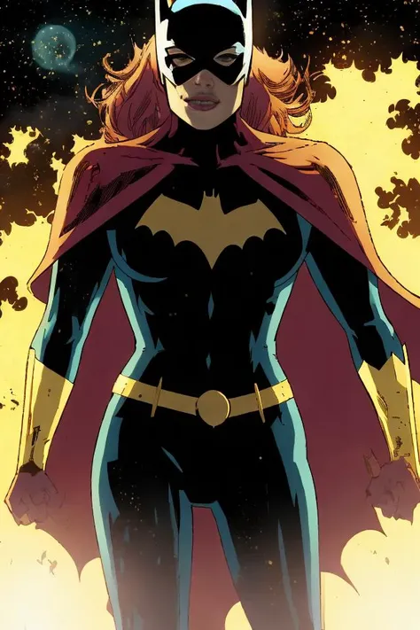 jamesdaly artstyle, Batgirl standing on a rooftop, hyperdetailed textures, <lora:batgirlTheKillingJoke_v10:1>,black bodysuit,(((golden)) cape),(strapped pants),confident face,anime