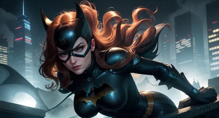 1girl, barbara gordon, bat girl, latex suit, clothed nipples, shiny outfit, gotham city at night, from below, looking at viewer, domino mask, medium breasts, long hair, brown hair, smirk, dynamic pose, <lora:Batgirl:0.6>
The poster could highlight Batgirl, poised on the edge of a gothic gargoyle jutting out from one of Gotham's towering skyscrapers. Her silhouette cuts a striking figure against the moonlit skyline, embodying the vigilant guardian of the city's restless nights.
Clad in her iconic suit, Batgirl's powerful stance is accentuated by her flowing cape that ripples in the cool night breeze, mirroring the undulating darkness that enshrouds Gotham. Her mask, with its piercing white eyes, gives nothing away but unwavering resolve, embodying the enigmatic spirit of her alter ego.
In one hand, she clutches her trusty baton, a beacon of justice shining in the heart of Gotham, ready to spring into action at the first sign of trouble. Her other hand firmly grips the edge of the gargoyle, underlining her readiness to swoop down into the chaos below.
The backdrop is a panoramic view of Gotham City under a moonlit sky. The cityscape bristles with jagged silhouettes of skyscrapers, backlit by the glow of a thousand lights, each a story, each a potential call to action. Far below, the city streets pulse with life, dotted with moving headlights and shadowed figures, while the gleaming Gotham River winds its serpentine course through the city's heart.
The atmosphere is thick with anticipation, the stillness before the storm, an embodiment of Batgirl's unending watch over her city. The imagery blends the grim aesthetic of Gotham with the unwavering symbol of hope that Batgirl represents, a paradox as captivating as the heroine herself
