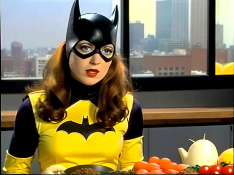 Batgirl hosting a cooking televison show in 1992, 90vhs <lora:90VHS:1> ,((grainy picture)), <lora:batgirlTheKillingJoke_v10:1>