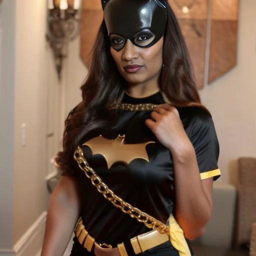 Masterpiece, high quality photograph, 4K,gorgeous desi milf dressed as Batgirl, <lora:batgirlTheKillingJoke_v10:1>
