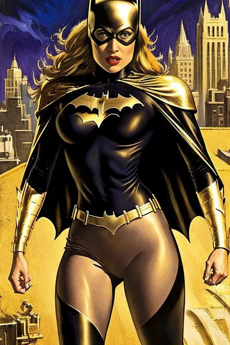 sd-pulp of Batgirl standing on a rooftop, hyperdetailed textures, <lora:batgirlTheKillingJoke_v10:1>,black bodysuit,(((golden)) cape),(strapped pants),confident face