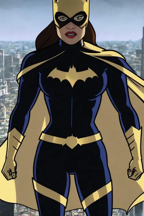 archer style, Batgirl standing on a rooftop, hyperdetailed textures, <lora:batgirlTheKillingJoke_v10:1>,black bodysuit,(((golden)) cape),(strapped pants),confident face