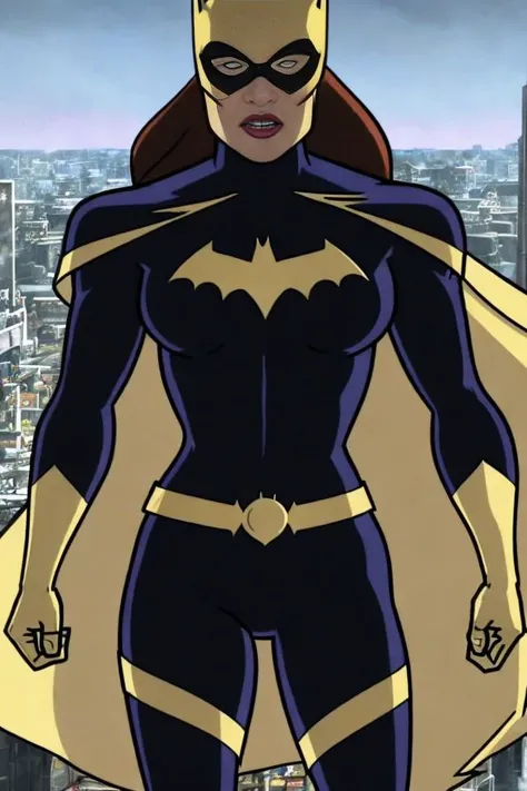 archer style, Batgirl standing on a rooftop, hyperdetailed textures, <lora:batgirlTheKillingJoke_v10:1>,black bodysuit,(((golden)) cape),(strapped pants),confident face,anime