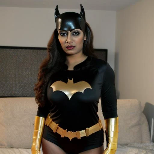 Masterpiece, high quality photograph, 4K,gorgeous desi milf dressed as Batgirl, <lora:batgirlTheKillingJoke_v10:1>
