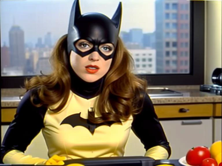 Batgirl hosting a cooking televison show in 1992, 90vhs <lora:90VHS:1> ,((grainy picture)), <lora:batgirlTheKillingJoke_v10:1>,realistic