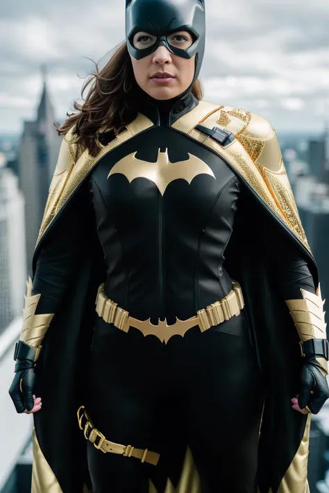 Batgirl standing on a rooftop, hyperdetailed textures, <lora:batgirlTheKillingJoke_v10:1>,realistic,Fujifilm XT3,black bodysuit,(((golden)) cape),(strapped pants),confident face