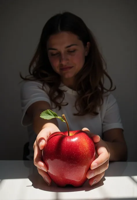 a hero shot of an apple sitting on a table in studio lighting, a girl stands in the background reaching for the apple
