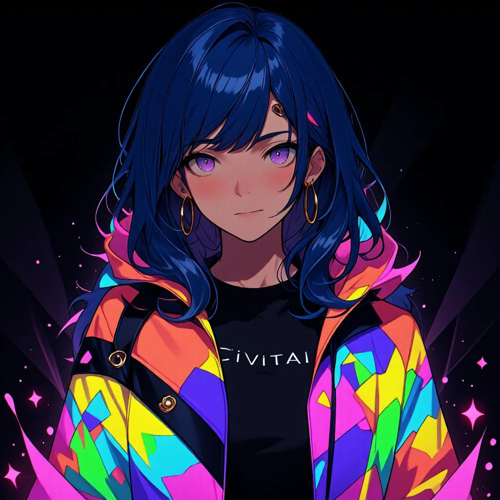 rainbow colored silhoutte outline against a dark background, a female reaper, anime, magical fantasy, plasma pattern, Basic colors, Tight clothing, hard nipples, navel,